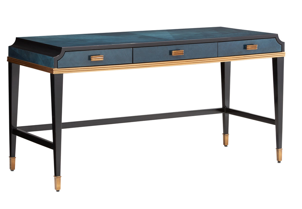 Currey and Company 3000-0208 Desk, Dark Sapphire/Caviar Black/Antique Brass