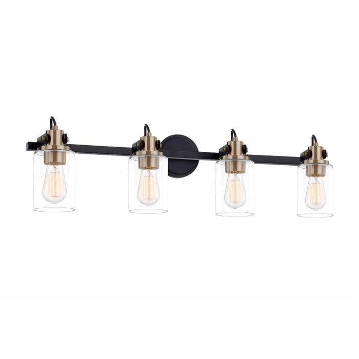 Justice Designs FSN-8194-CLER-MBBR Four Light Bath Bar, Matte Black w/ Brass