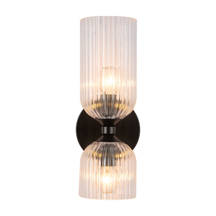 Alora WV442612MBCR Two Light Vanity, Matte Black/Clear Ribbed Glass