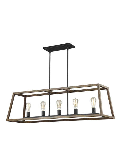 Visual Comfort Studio F3193/5WOW/AF Five Light Linear Chandelier, Weathered Oak Wood / Antique Forged Iron