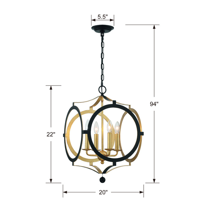 Crystorama ODE-704-BK-GA Four Light Chandelier, Black + Antique Gold
