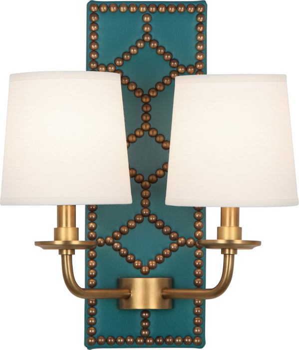 Robert Abbey 1033 Two Light Wall Sconce, Mayo Teal Leather w/Nailhead/Aged Brass