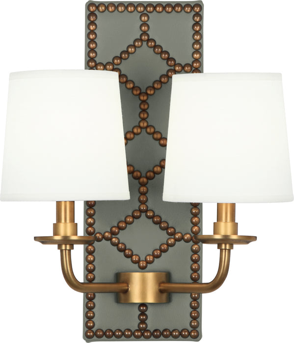 Robert Abbey 1034 Two Light Wall Sconce, Carter Gray Leather w/Nailhead/Aged Brass