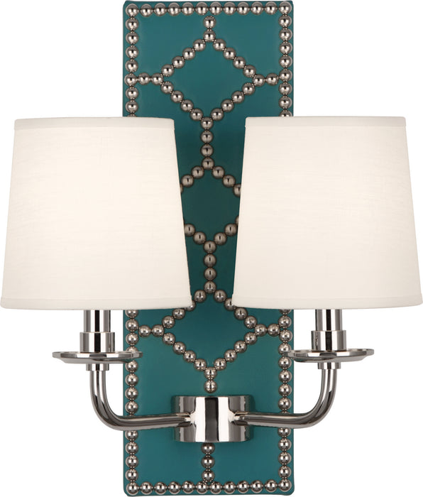 Robert Abbey S1033 Two Light Wall Sconce, Mayo Teal Leather w/Nailhead/Polished Nickel