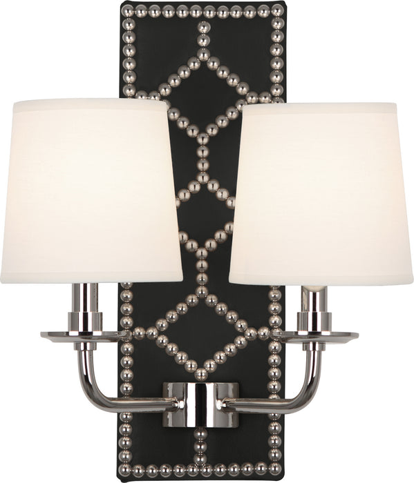 Robert Abbey S1035 Two Light Wall Sconce, Blacksmith Black Leather w/Nailhead/Polished Nickel