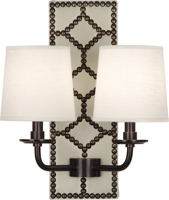 Robert Abbey Z1032 Two Light Wall Sconce, Bruton White Leather w/Nailhead/Deep Patina Bronze