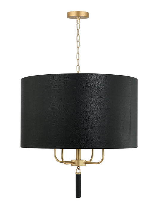 Varaluz 368P04GOB Four Light Pendant, Painted Gold/Black Leather