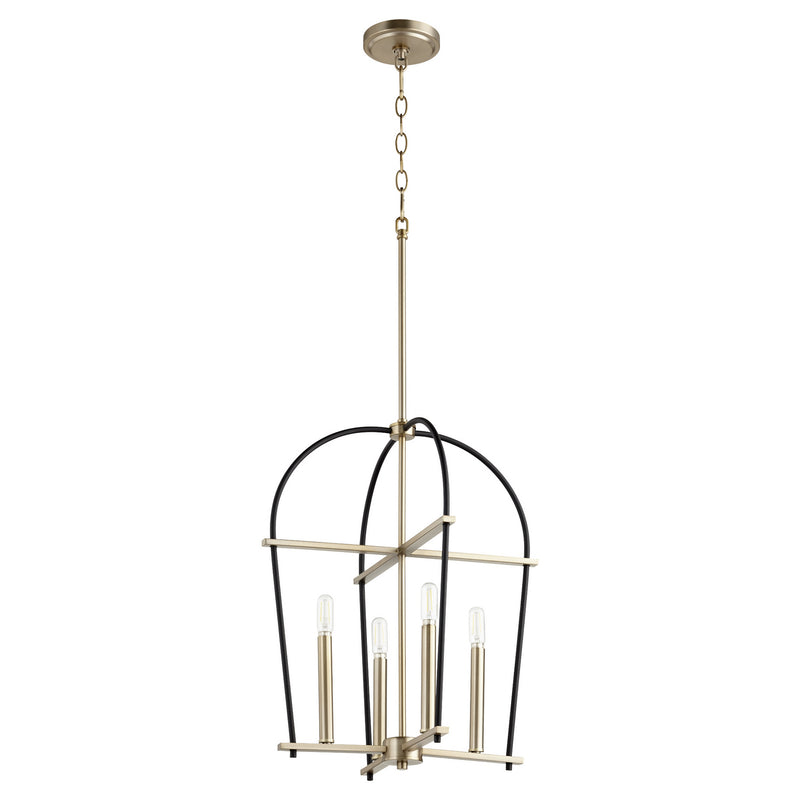 Quorum 687-4-6980 Four Light Entry Pendant, Textured Black w/ Aged Brass