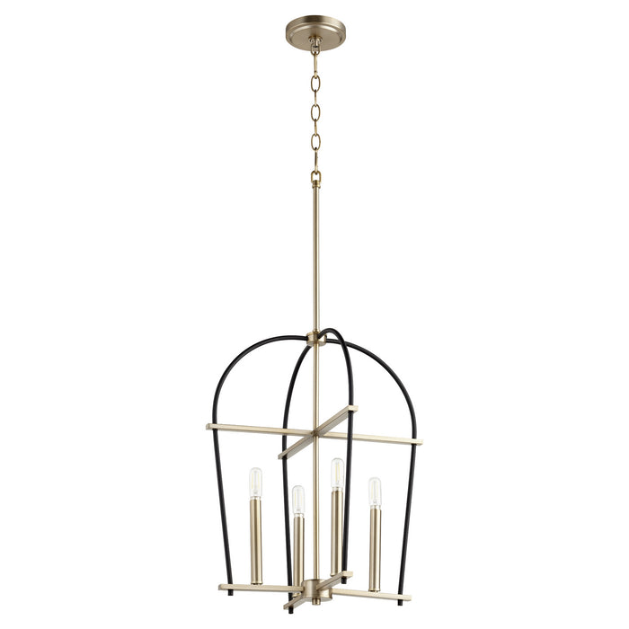 Quorum 687-4-6980 Four Light Entry Pendant, Textured Black w/ Aged Brass