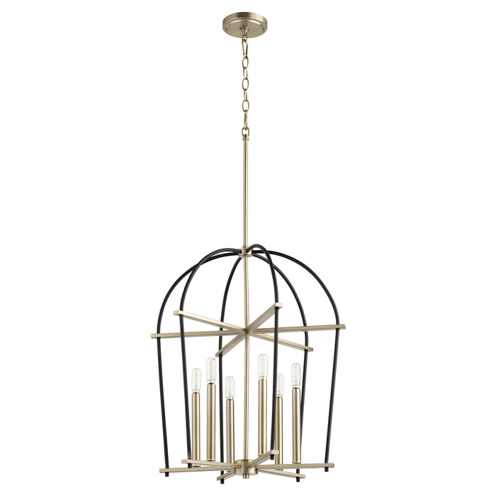 Quorum 687-6-6980 Six Light Entry Pendant, Textured Black w/ Aged Brass