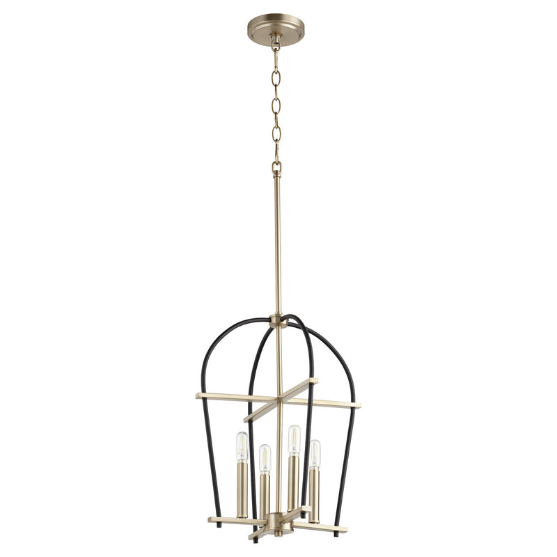 Quorum 687-6980 Four Light Entry Pendant, Textured Black w/ Aged Brass