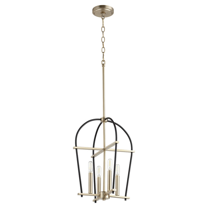 Quorum 687-6980 Four Light Entry Pendant, Textured Black w/ Aged Brass