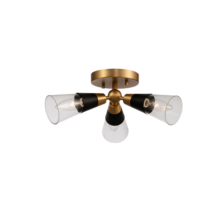 Kalco 513141BNB Three Light Semi Flush Mount, Matte Black w New Brass
