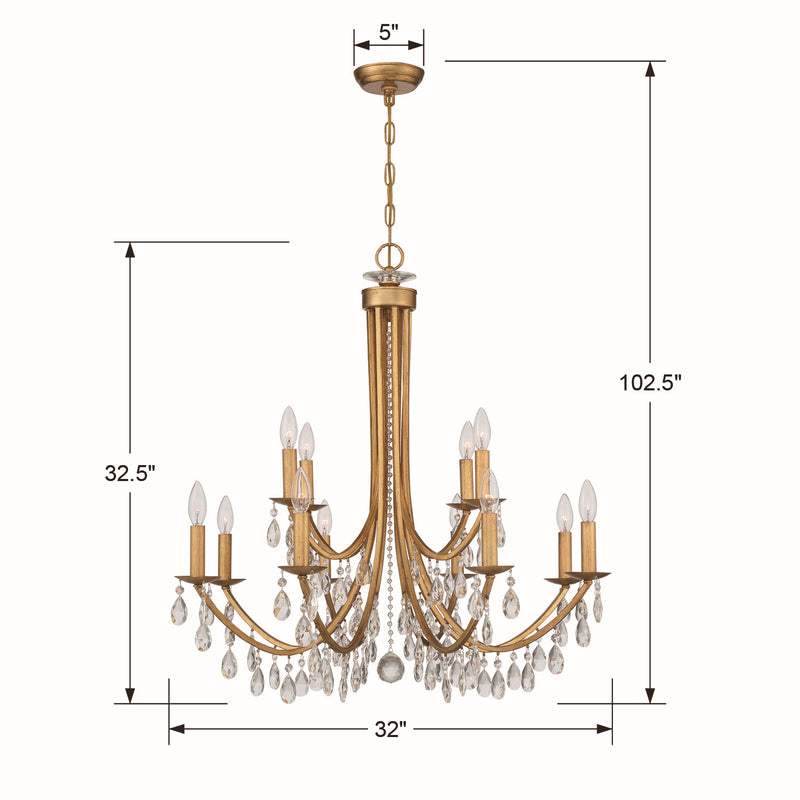 Crystorama 8829-GA-CL-MWP 12 Light Chandelier, Antique Gold