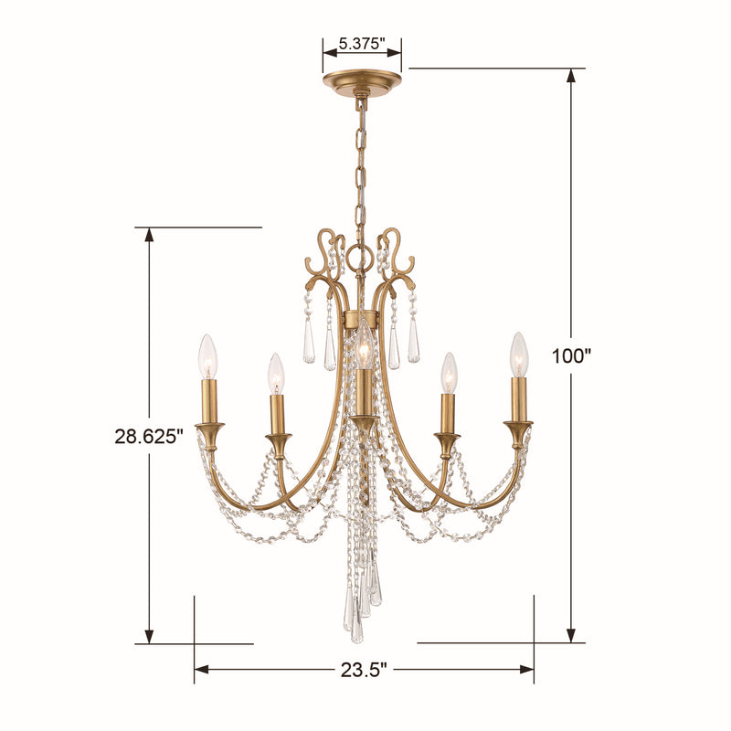 Crystorama ARC-1905-GA-CL-MWP Five Light Chandelier, Antique Gold
