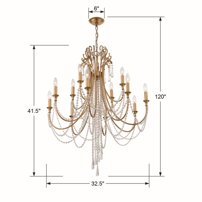 Crystorama ARC-1909-GA-CL-MWP 12 Light Chandelier, Antique Gold