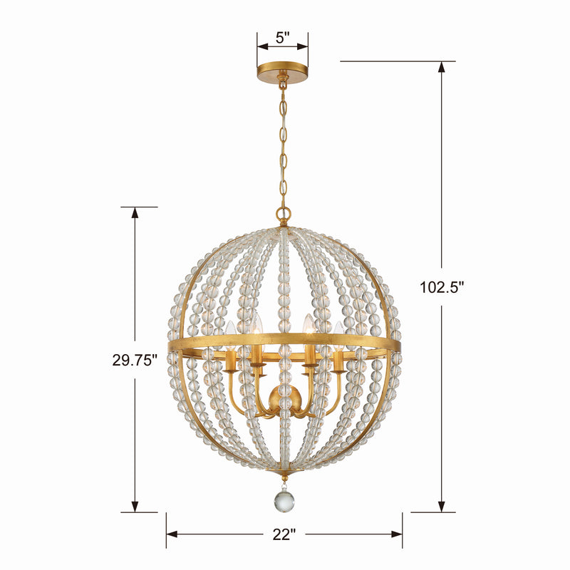 Crystorama ROX-A9006-GA Six Light Chandelier, Antique Gold