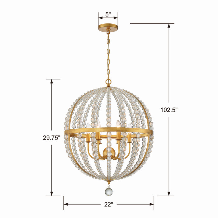 Crystorama ROX-A9006-GA Six Light Chandelier, Antique Gold