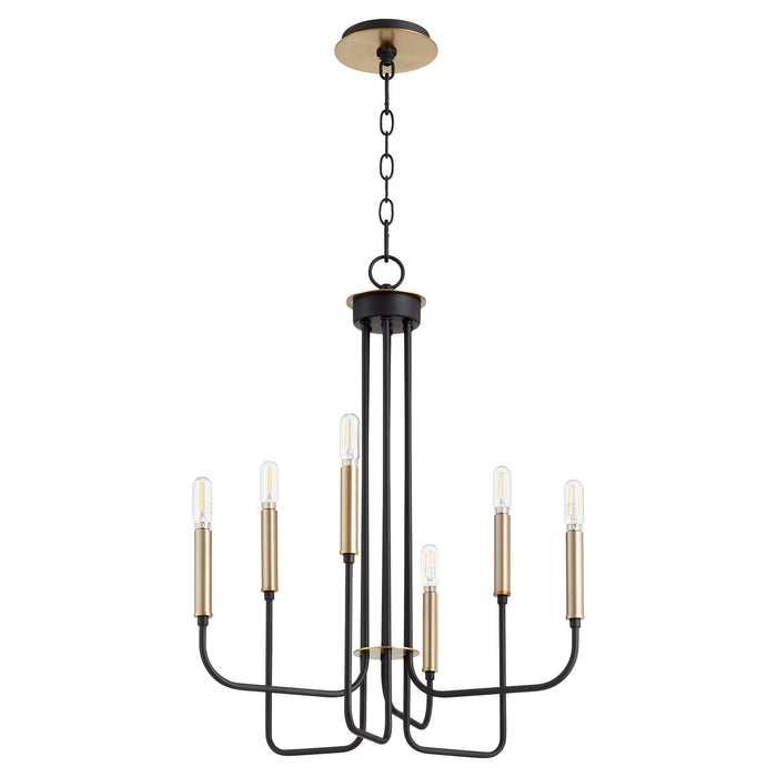 Quorum 630-6-6980 Six Light Chandelier, Textured Black w/ Aged Brass