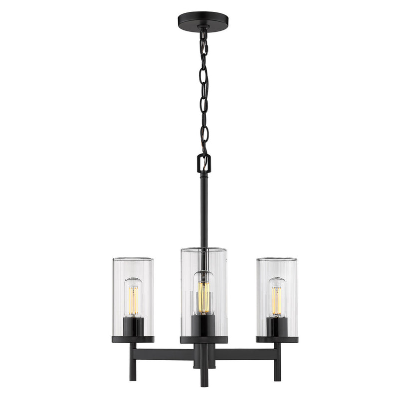 Golden 7011-3 BLK-CLR Three Light Chandelier, Matte Black