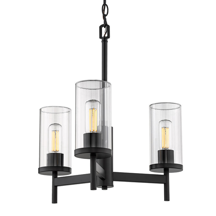 Golden 7011-3 BLK-CLR Three Light Chandelier, Matte Black