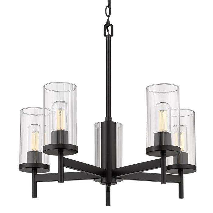 Golden 7011-5 BLK-CLR Five Light Chandelier, Matte Black