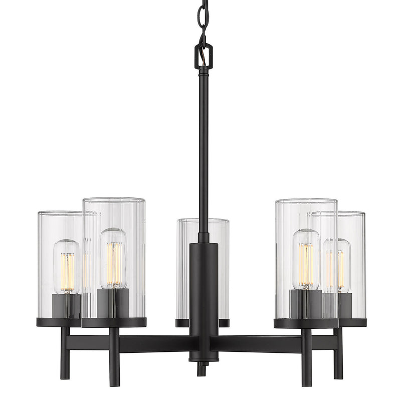 Golden 7011-5 BLK-CLR Five Light Chandelier, Matte Black