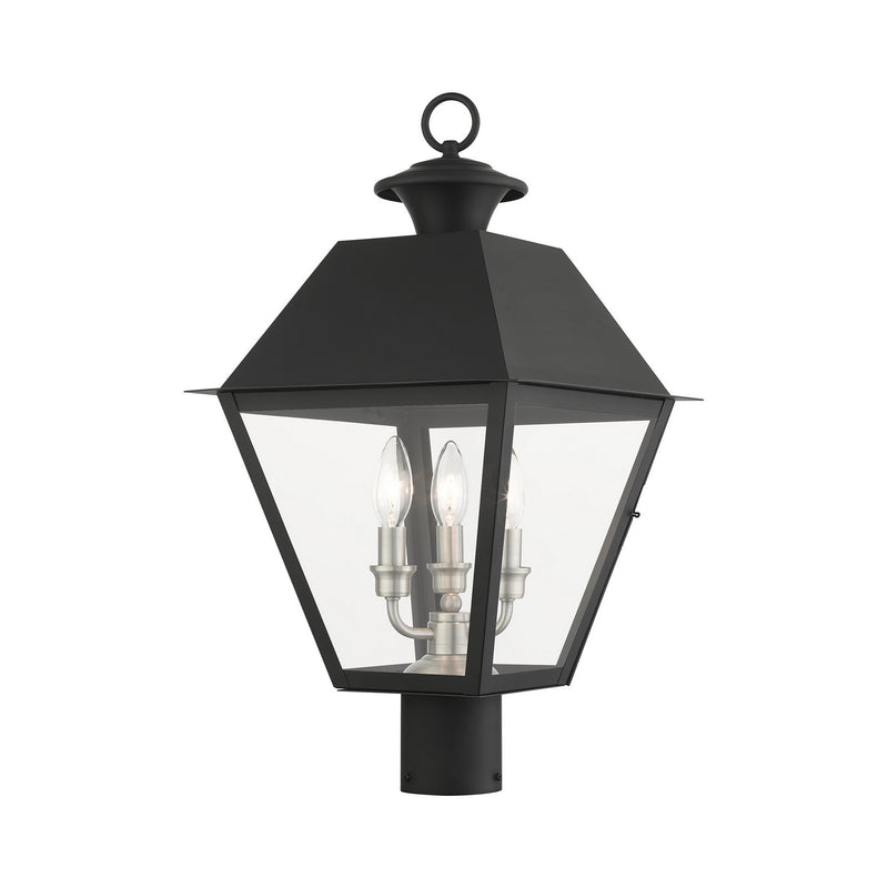 Livex Lighting 27219-04 Three Light Outdoor Post Top Lantern, Black w/ Brushed Nickel Cluster