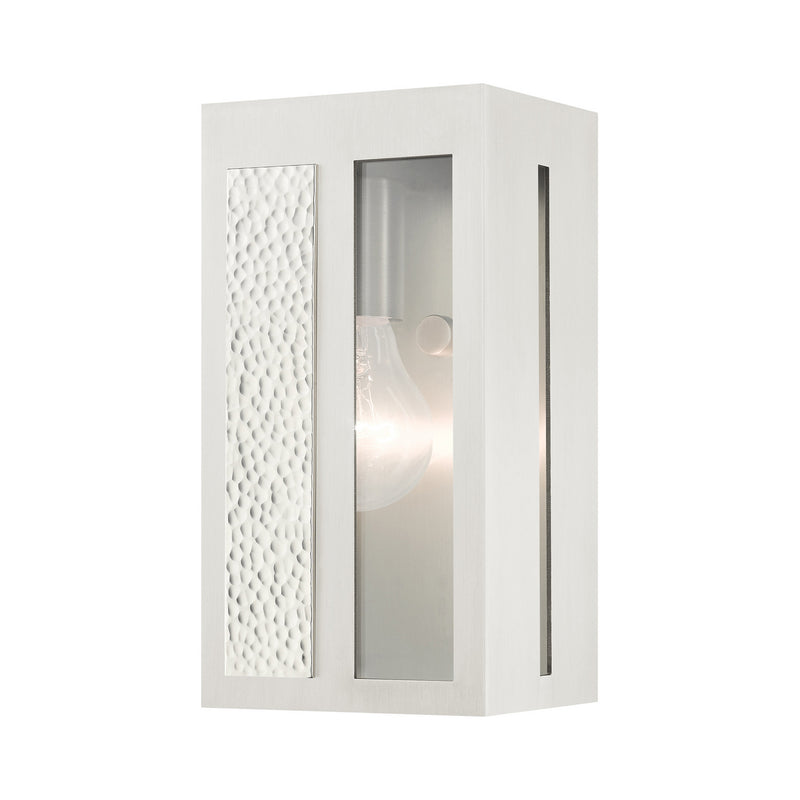 Livex Lighting 27411-91 One Light Outdoor Wall Lantern, Brushed Nickel w/ Hammered Polished Nickel Panels