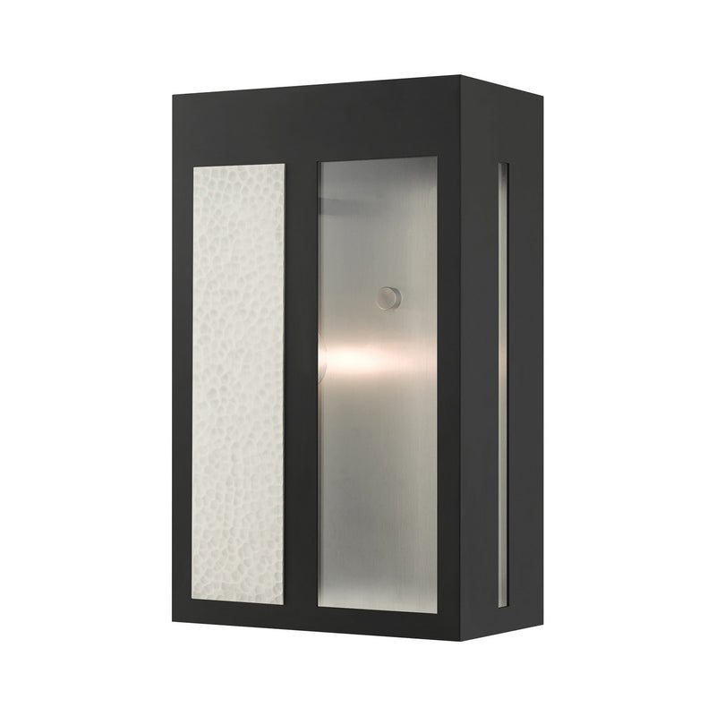 Livex Lighting 27413-04 One Light Outdoor Wall Lantern, Black w/ Hammered Brushed Nickel Panels