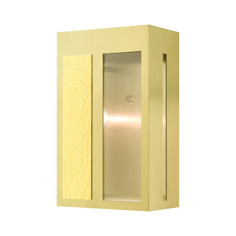 Livex Lighting 27413-12 One Light Outdoor Wall Lantern, Satin Brass w/ Hammered Polished Brass Panels