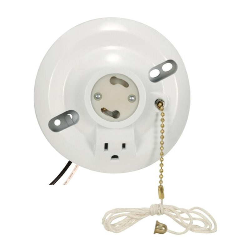 Satco 90-2484 On-Off Pull Chain Ceiling Receptacle With Grounded Outlet, White