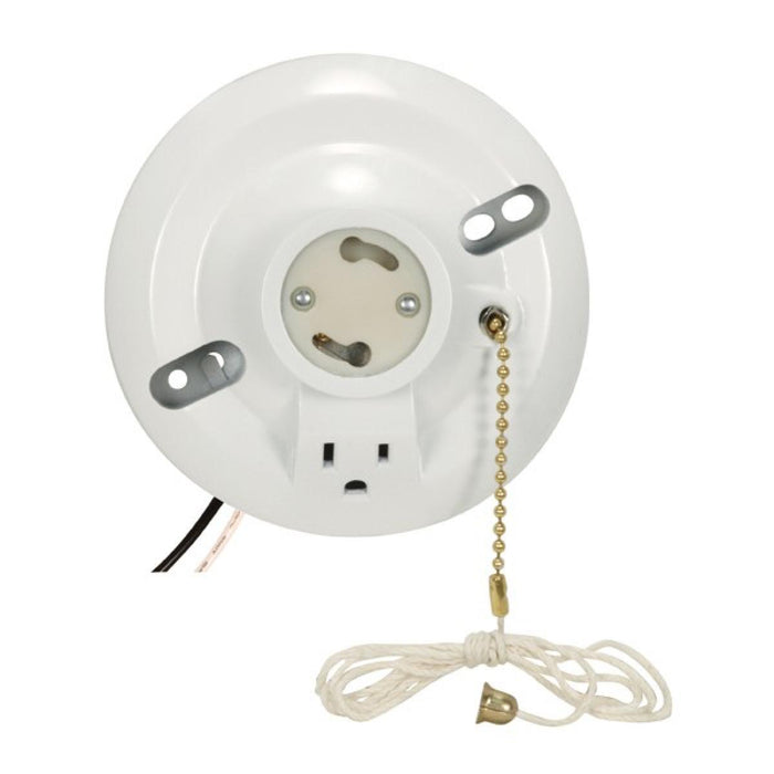 Satco 90-2484 On-Off Pull Chain Ceiling Receptacle With Grounded Outlet, White