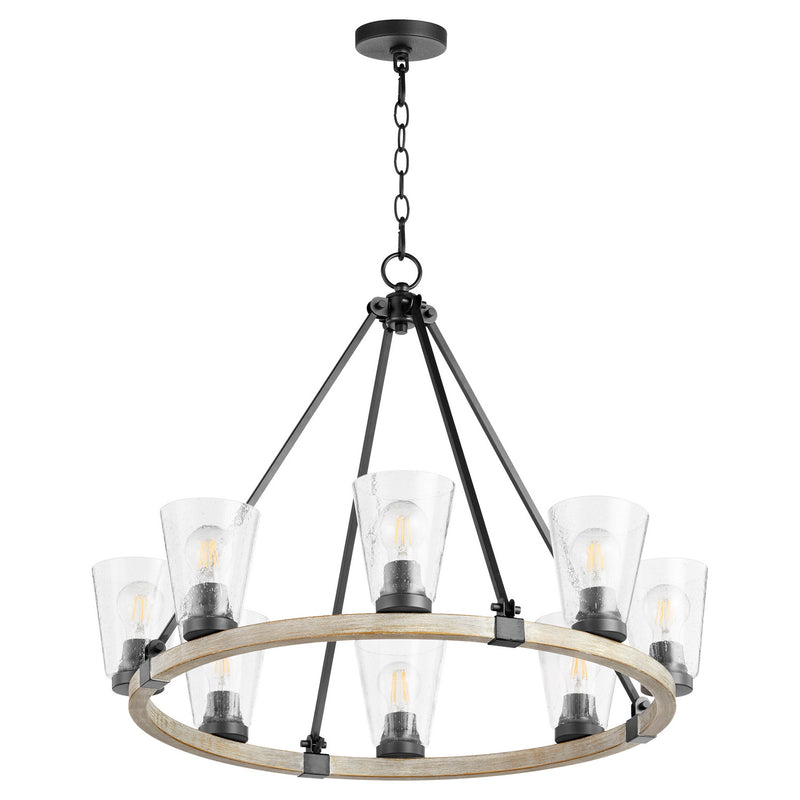 Quorum 63-8-6941 Eight Light Chandelier, Textured Black w/ Weathered Oak Finish