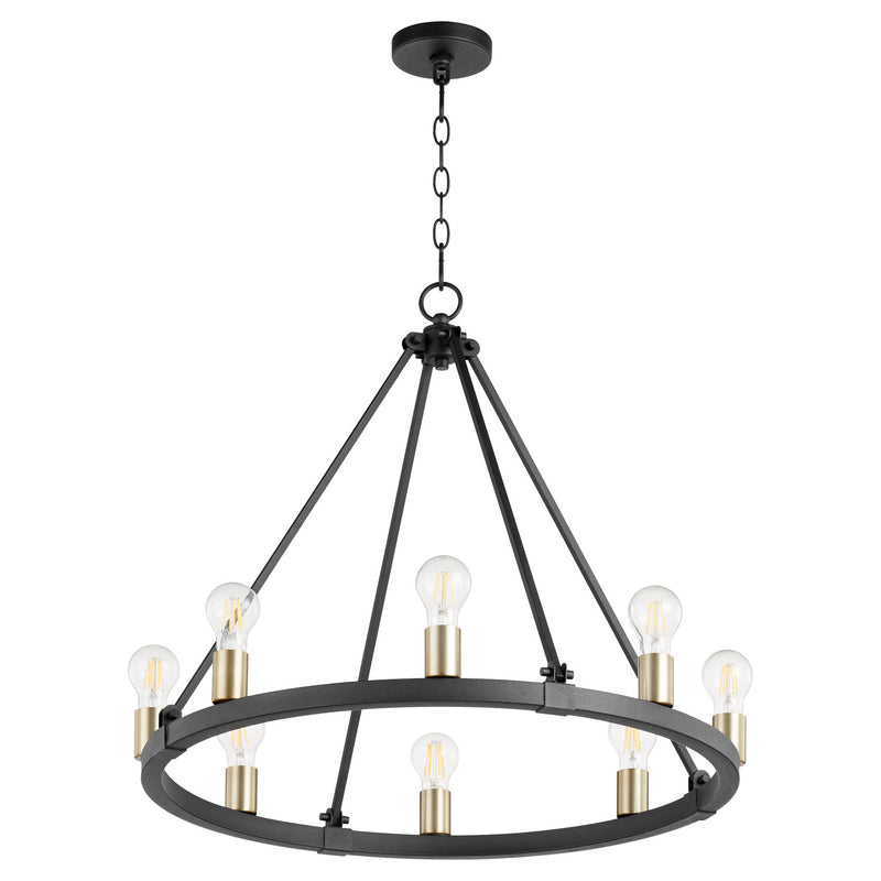 Quorum 64-8-6980 Eight Light Chandelier, Textured Black w/ Aged Brass