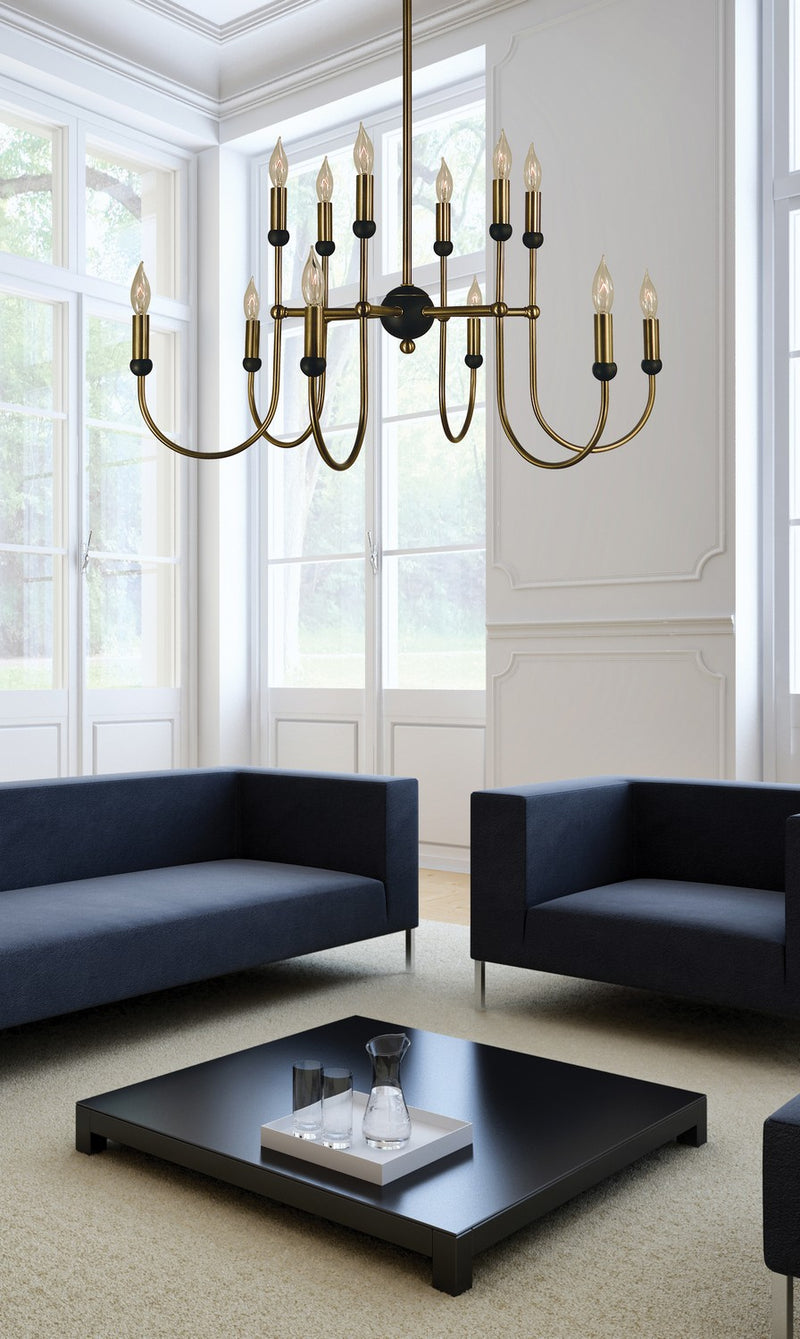 Framburg 4798 AB/MBLACK 12 Light Chandelier, Antique Brass w/Matte Black
