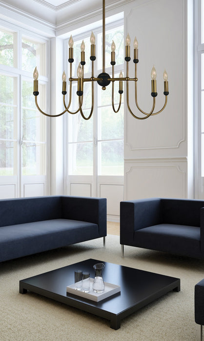 Framburg 4798 AB/MBLACK 12 Light Chandelier, Antique Brass w/Matte Black