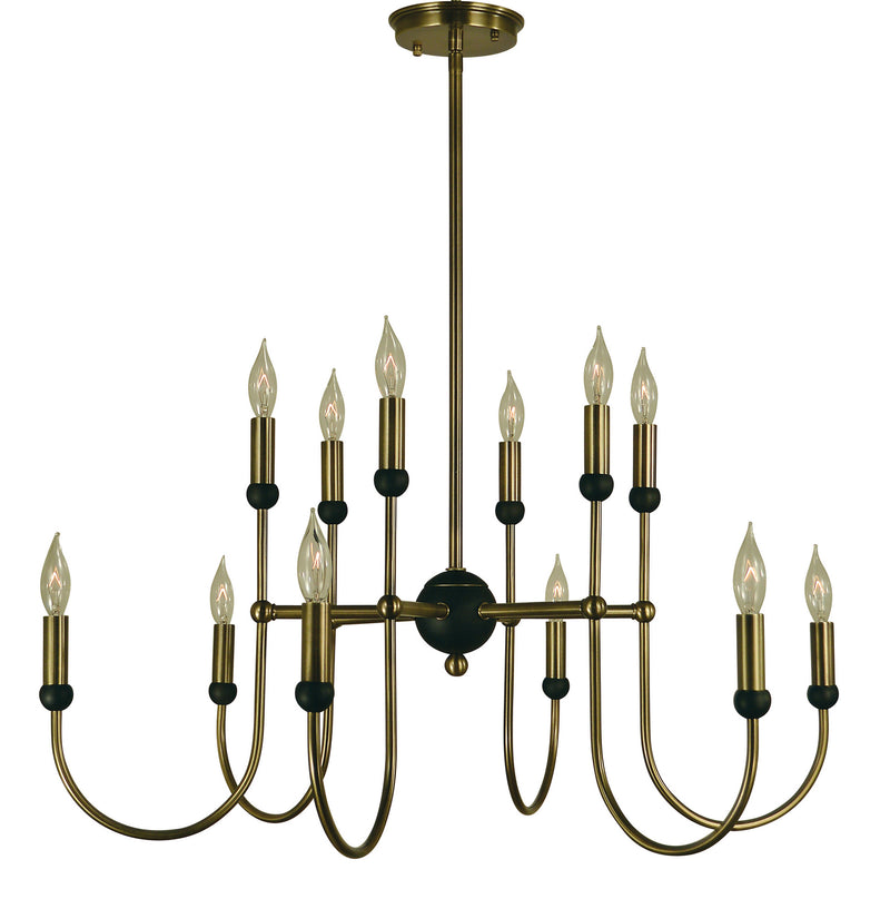 Framburg 4798 AB/MBLACK 12 Light Chandelier, Antique Brass w/Matte Black