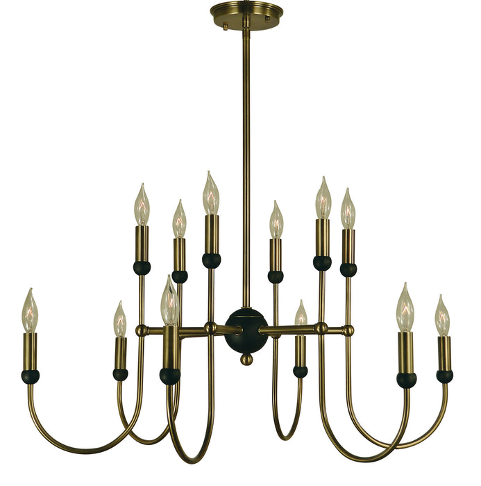 Framburg 4798 AB/MBLACK 12 Light Chandelier, Antique Brass w/Matte Black