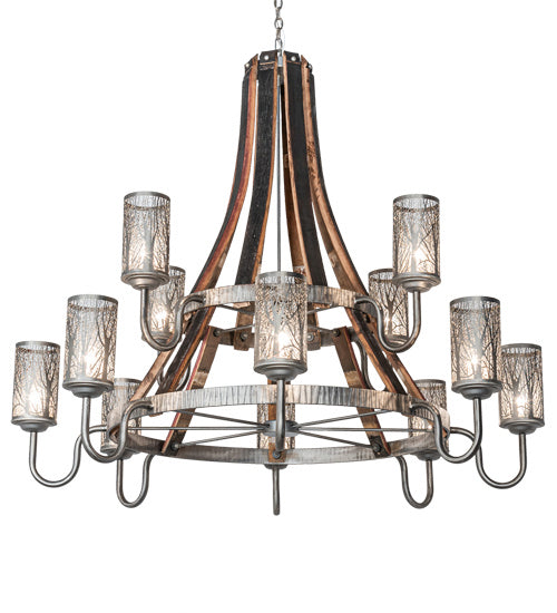Meyda Tiffany 221525 12 Light Chandelier, Industrial Steel And Charred Wood