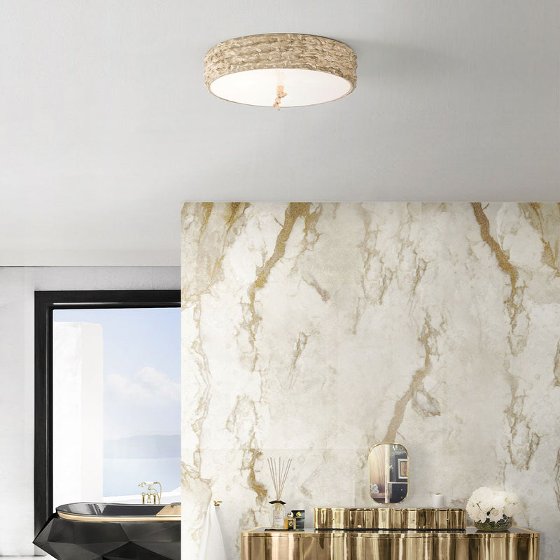 Lucas + McKearn FM1238-16 Three Light Flush Mount, Hand-Painted W/Putty Patina/Silver Leaf Orb