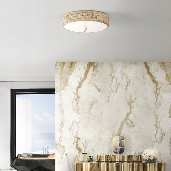 Lucas + McKearn FM1238-16 Three Light Flush Mount, Hand-Painted W/Putty Patina/Silver Leaf Orb
