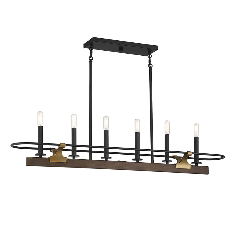 Lighting One E V6-L1-2933-6-170 Six Light Linear Chandelier, Burnished Brass W/ Walnut