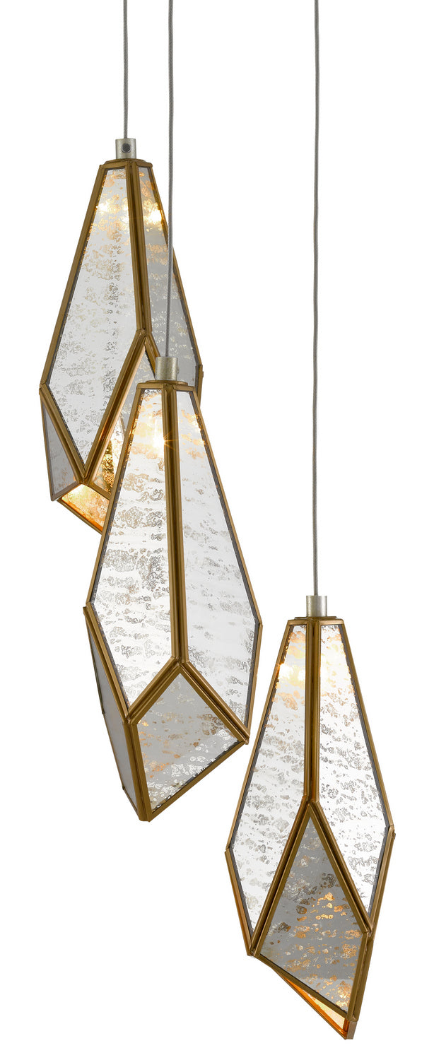 Currey and Company 9000-0703 Three Light Pendant, Raj Mirror/Antique Brass