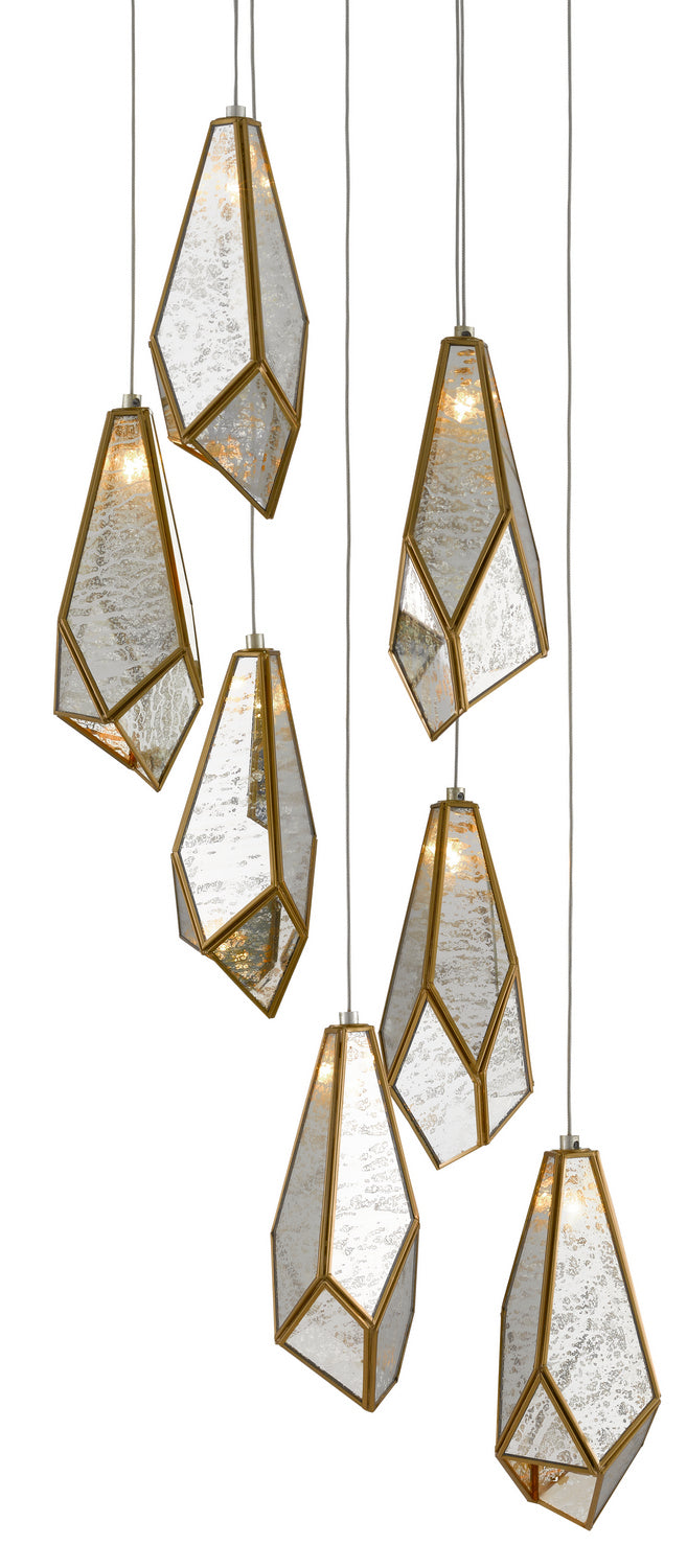 Currey and Company 9000-0704 Seven Light Pendant, Raj Mirror/Antique Brass