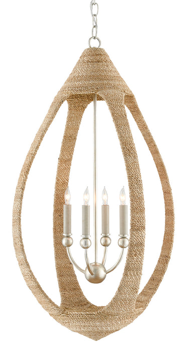 Currey and Company 9000-0753 Four Light Chandelier, Natural Abaca Rope/Contemporary Silver Leaf/Smokewood