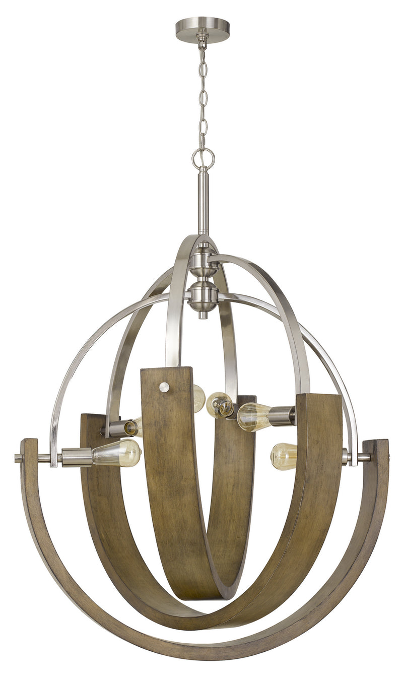 Cal Lighting FX-3741-6 Six Light Chandelier, Wood/Brushed Steel