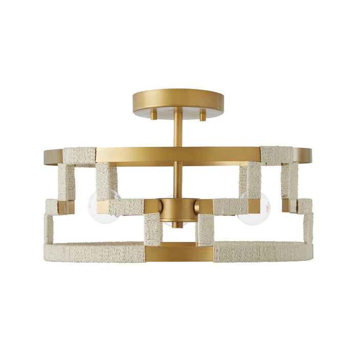 Capital Lighting 241031NL Three Light Semi Flush Mount, Bleached Natural Jute and Patinaed Brass