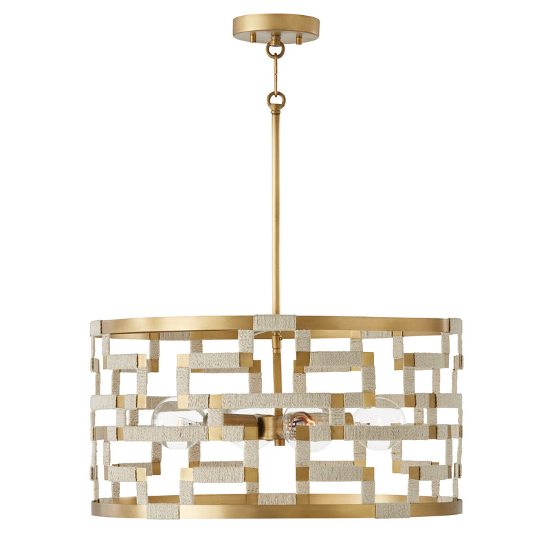 Capital Lighting 341041NL Four Light Pendant, Bleached Natural Jute and Patinaed Brass