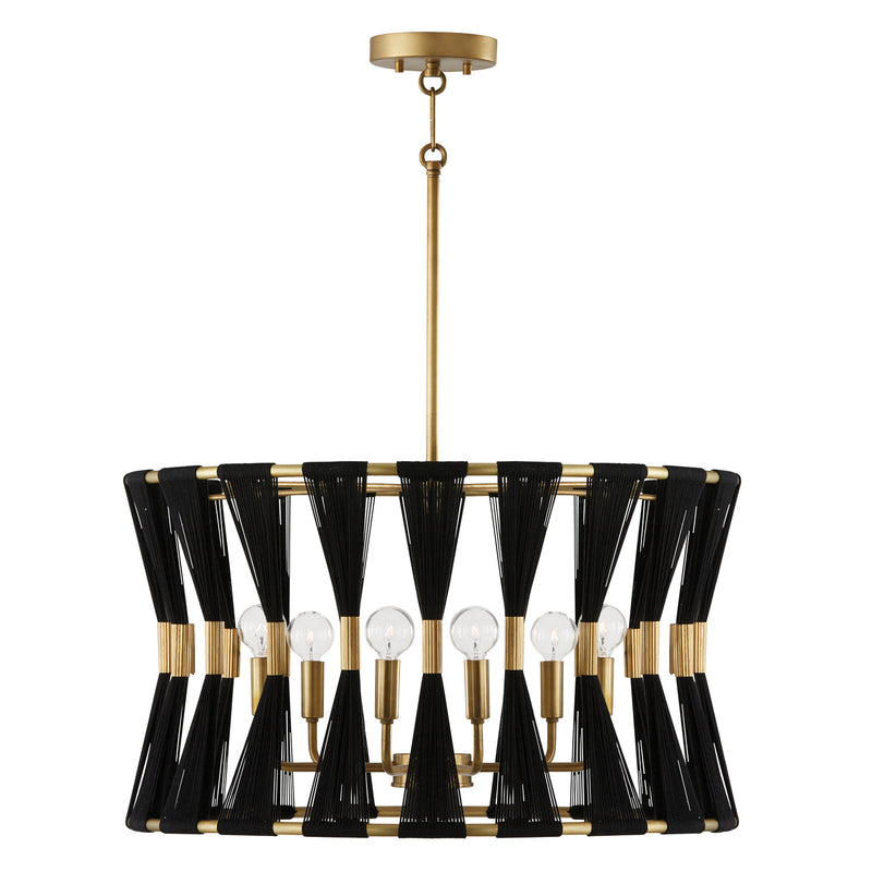Capital Lighting 341161KP Six Light Pendant, Black Rope and Patinaed Brass